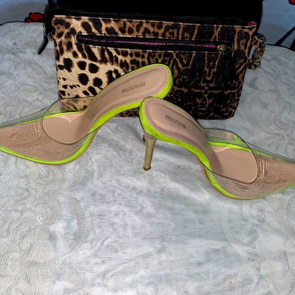 PrettyLittleThing size 5 clear vinyl and neon with gold accent heels